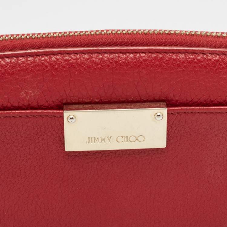 Pre Owned Jimmy Choo Red Leather Logo Zip Continental Wallet