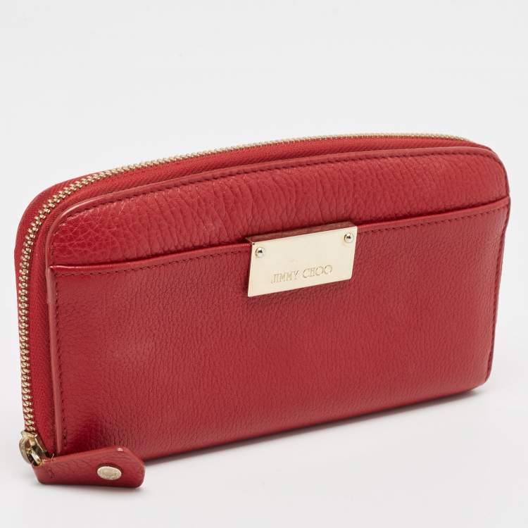 Pre Owned Jimmy Choo Red Leather Logo Zip Continental Wallet