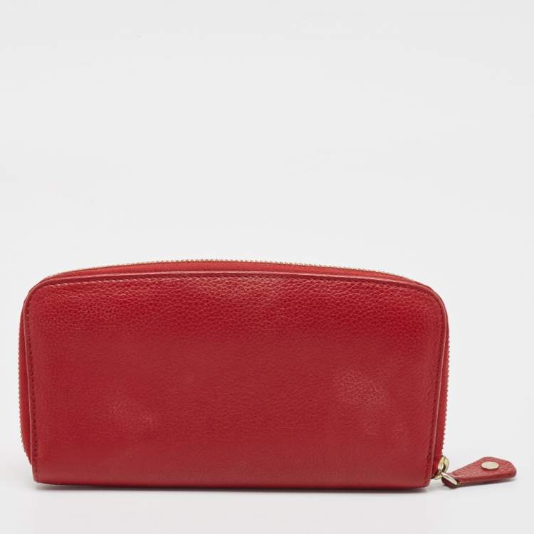 Pre Owned Jimmy Choo Red Leather Logo Zip Continental Wallet