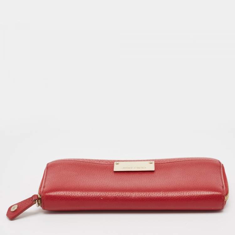 Pre Owned Jimmy Choo Red Leather Logo Zip Continental Wallet