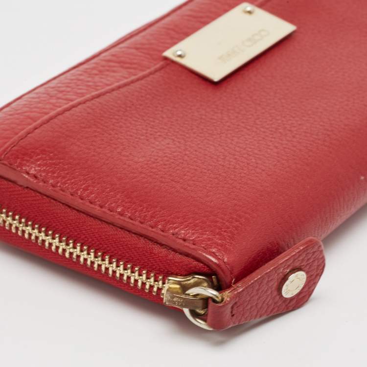 Pre Owned Jimmy Choo Red Leather Logo Zip Continental Wallet