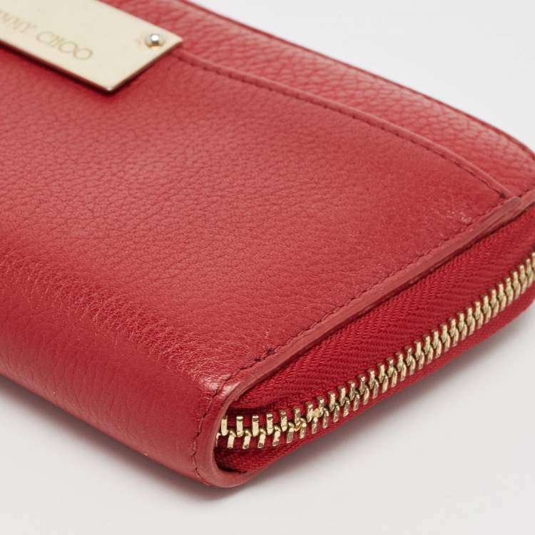 Pre Owned Jimmy Choo Red Leather Logo Zip Continental Wallet