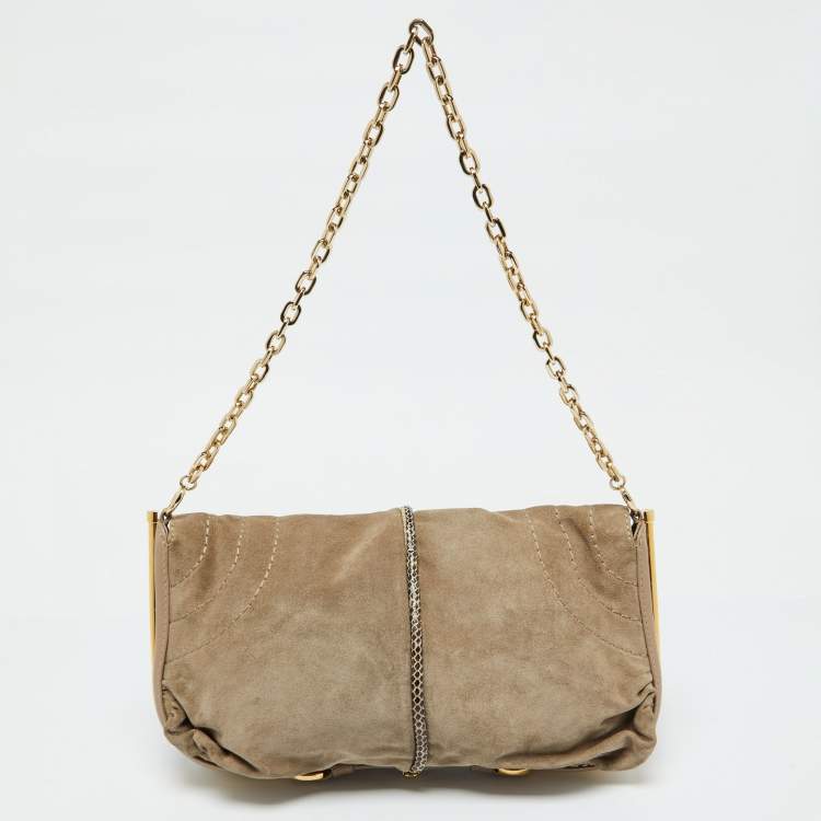 Pre Owned Jimmy Choo Beige Suede and Leather Flap Shoulder Bag