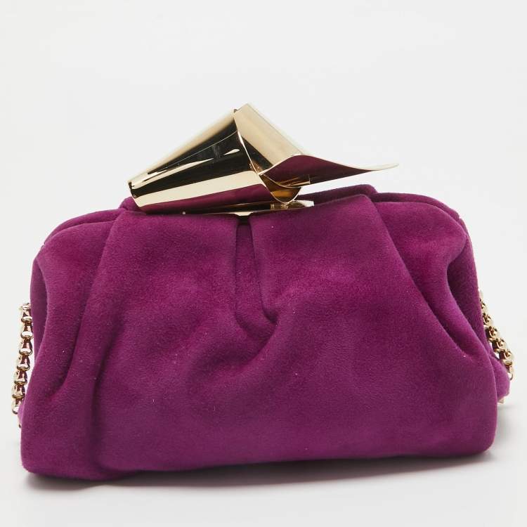 Pre Owned Jimmy Choo Purple Suede Metal Knot Chain Clutch