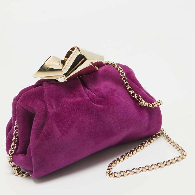Pre Owned Jimmy Choo Purple Suede Metal Knot Chain Clutch