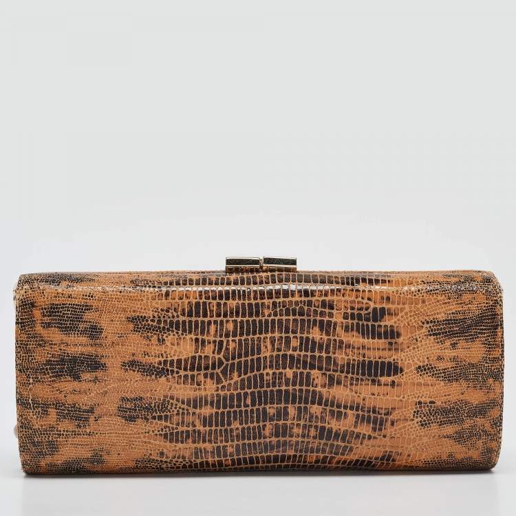 Pre Owned Jimmy Choo Brown Lizard Effect Suede Twill Tube Clutch