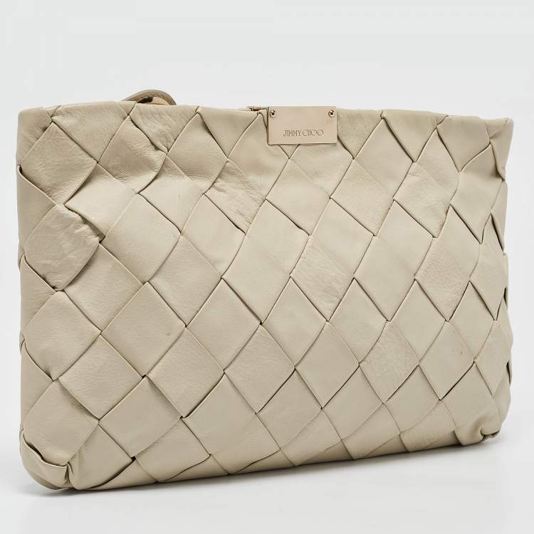 Pre Owned Jimmy Choo White Leather Woven Zulu Clutch