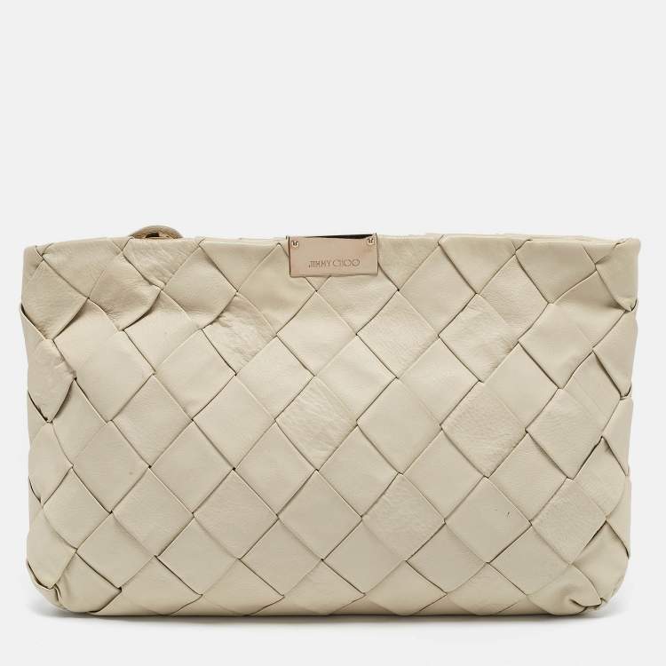 Pre Owned Jimmy Choo White Leather Woven Zulu Clutch