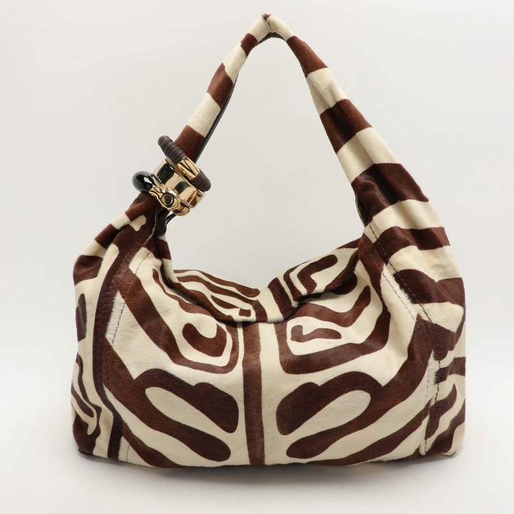Pre Owned Jimmy Choo Brown and White Zebra Print Pony Hair Saba Large Hobo Bag