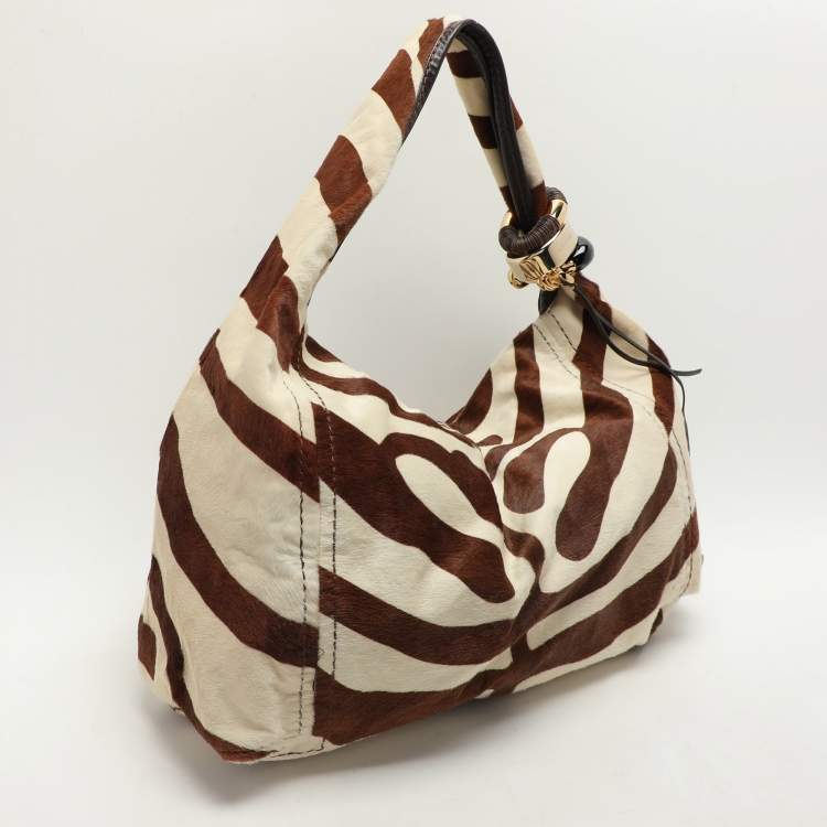 Pre Owned Jimmy Choo Brown and White Zebra Print Pony Hair Saba Large Hobo Bag