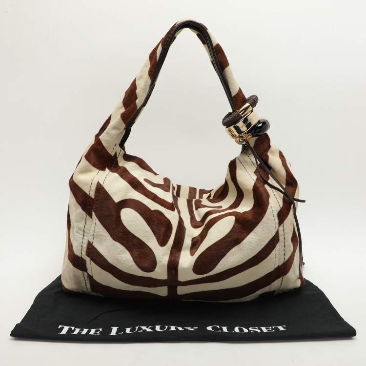 Pre Owned Jimmy Choo Brown and White Zebra Print Pony Hair Saba Large Hobo Bag