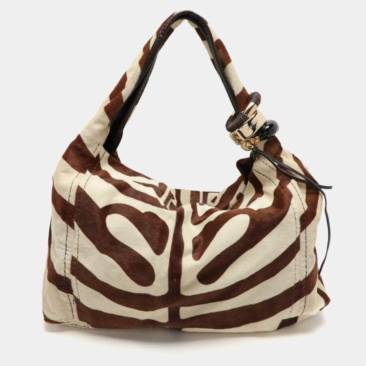 Pre Owned Jimmy Choo Brown and White Zebra Print Pony Hair Saba Large Hobo Bag