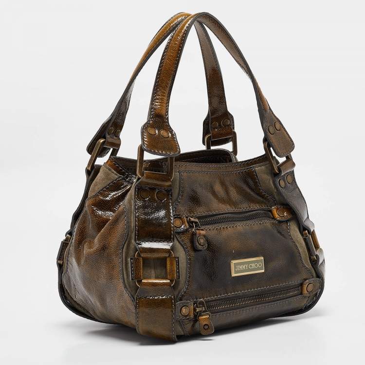 Pre Owned Jimmy Choo Olive Green Patent Leather and Suede Mahala Tote