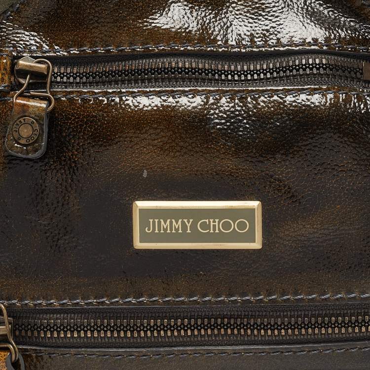 Pre Owned Jimmy Choo Olive Green Patent Leather and Suede Mahala Tote