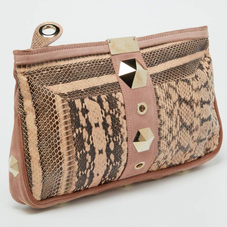 Pre Owned Jimmy Choo Pink/Beige Snakeskin and Suede Zulu Clutch