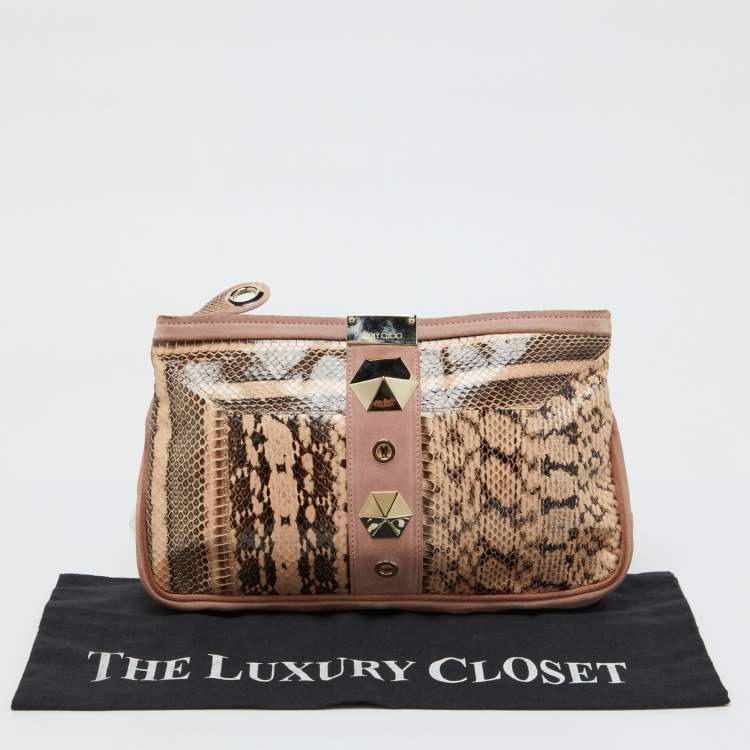 Pre Owned Jimmy Choo Pink/Beige Snakeskin and Suede Zulu Clutch
