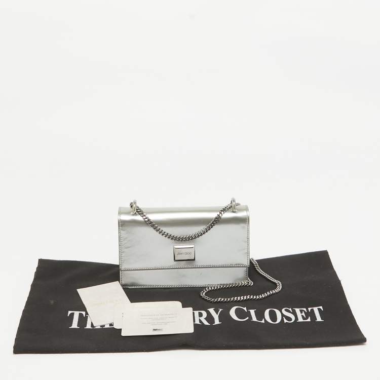 Pre Owned Jimmy Choo Silver Patent Leather Leni Chain Shoulder Bag