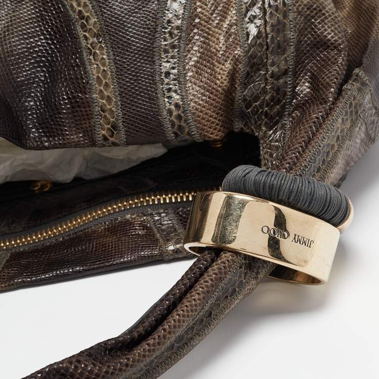 Pre Owned Jimmy Choo Grey Karung Leather and Snakeskin Saba Hobo
