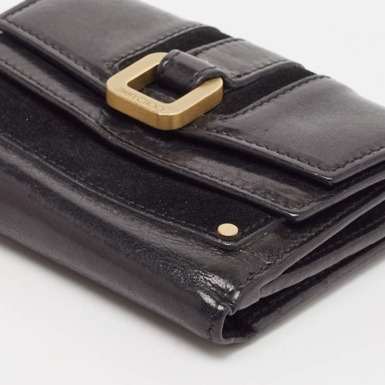 Pre Owned Jimmy Choo Black Leather and Suede Double Flap Compact Wallet