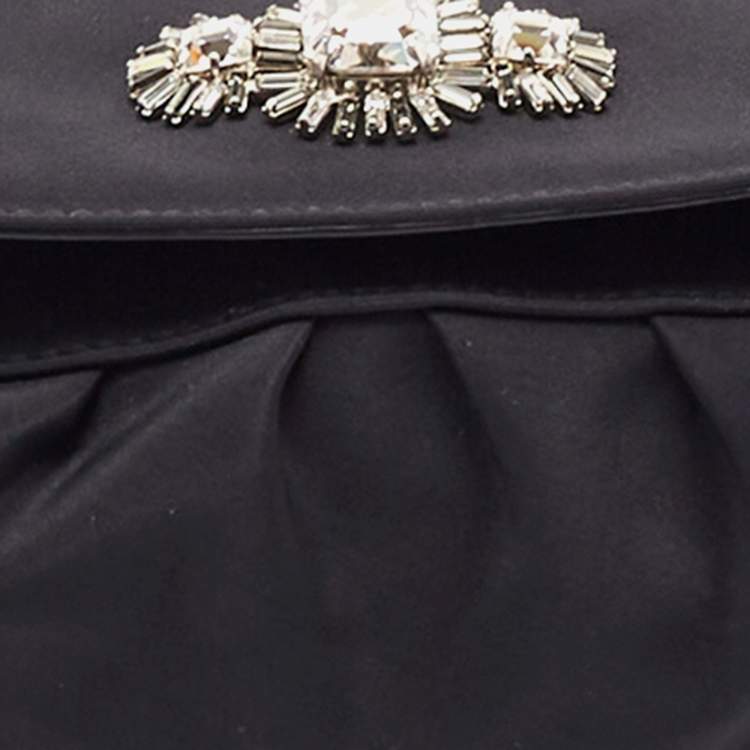 Pre Owned Jimmy Choo Black Satin Crystals Embellished Flap Pochette Bag
