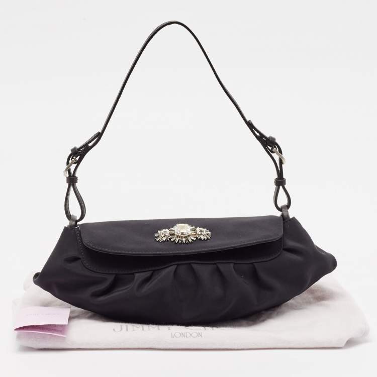 Pre Owned Jimmy Choo Black Satin Crystals Embellished Flap Pochette Bag