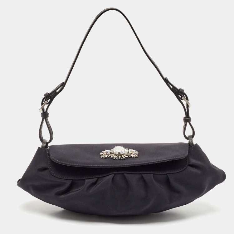 Pre Owned Jimmy Choo Black Satin Crystals Embellished Flap Pochette Bag