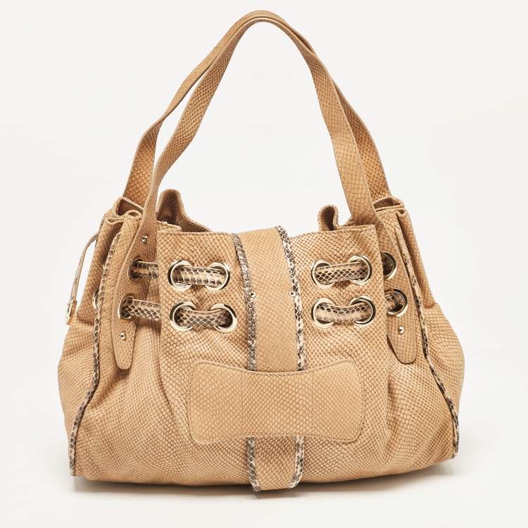 Pre Owned Jimmy Choo Beige Snakeskin Embossed and Watersnake Leather Riki Tote