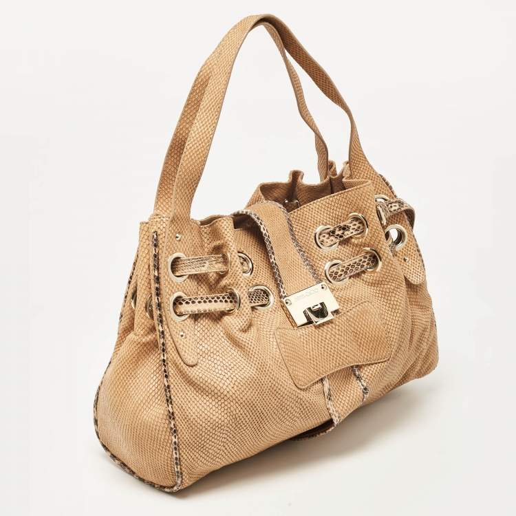 Pre Owned Jimmy Choo Beige Snakeskin Embossed and Watersnake Leather Riki Tote