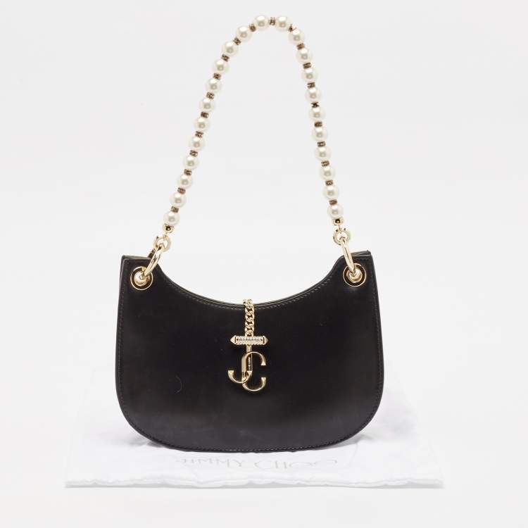 Pre Owned Jimmy Choo Black Leather Pearl Embellished Varenne Hobo