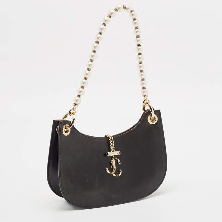 Pre Owned Jimmy Choo Black Leather Pearl Embellished Varenne Hobo