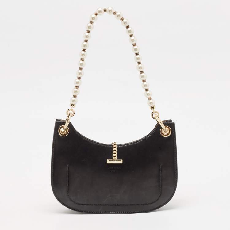Pre Owned Jimmy Choo Black Leather Pearl Embellished Varenne Hobo