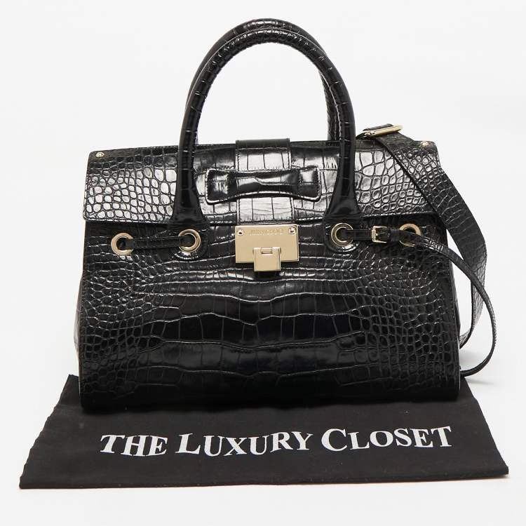 Pre Owned Jimmy Choo Black Croc Embossed Leather Rosalie Top Handle Bag