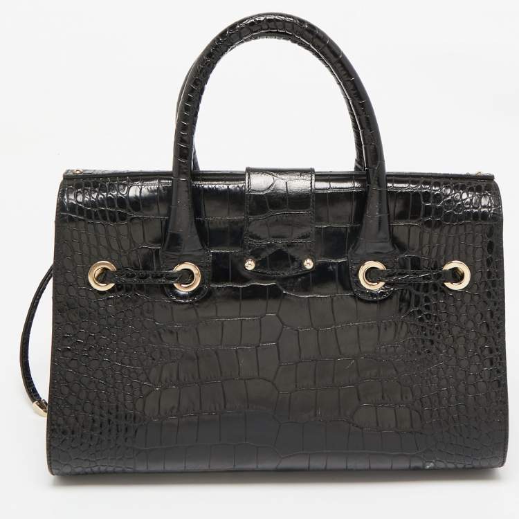Pre Owned Jimmy Choo Black Croc Embossed Leather Rosalie Top Handle Bag