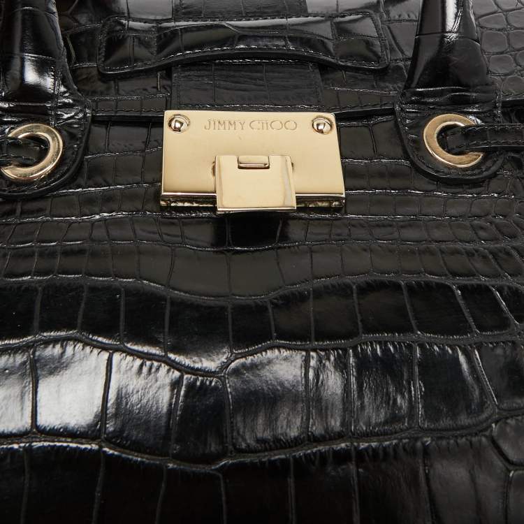 Pre Owned Jimmy Choo Black Croc Embossed Leather Rosalie Top Handle Bag