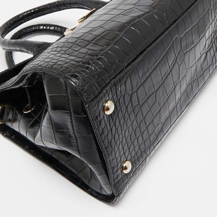 Pre Owned Jimmy Choo Black Croc Embossed Leather Rosalie Top Handle Bag