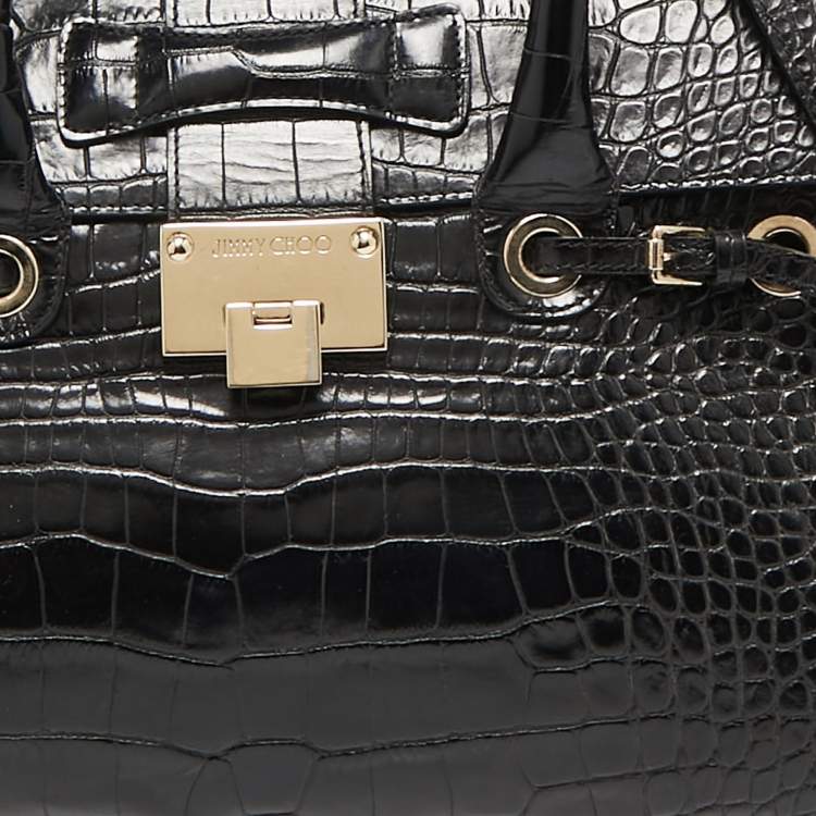 Pre Owned Jimmy Choo Black Croc Embossed Leather Rosalie Top Handle Bag
