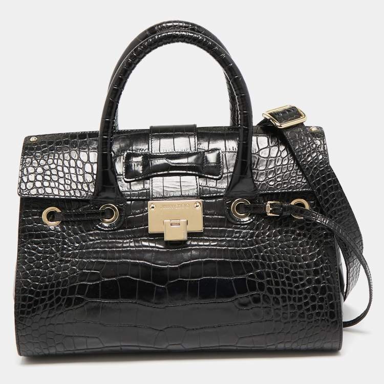 Pre Owned Jimmy Choo Black Croc Embossed Leather Rosalie Top Handle Bag