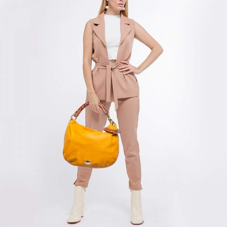 Pre Owned Jimmy Choo Mustard Snakeskin and Leather Sky Bangle Hobo