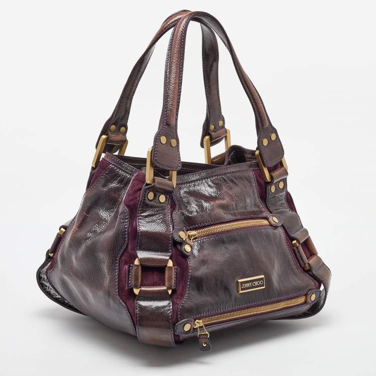 Pre Owned Jimmy Choo Dark Brown/Purple Patent Leather and Suede Mahala Satchel