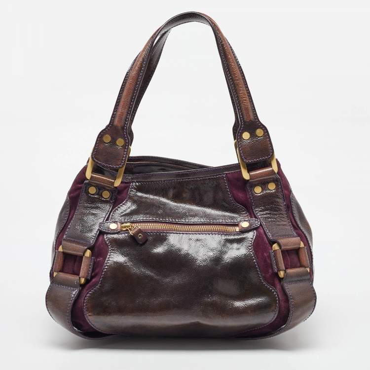 Pre Owned Jimmy Choo Dark Brown/Purple Patent Leather and Suede Mahala Satchel