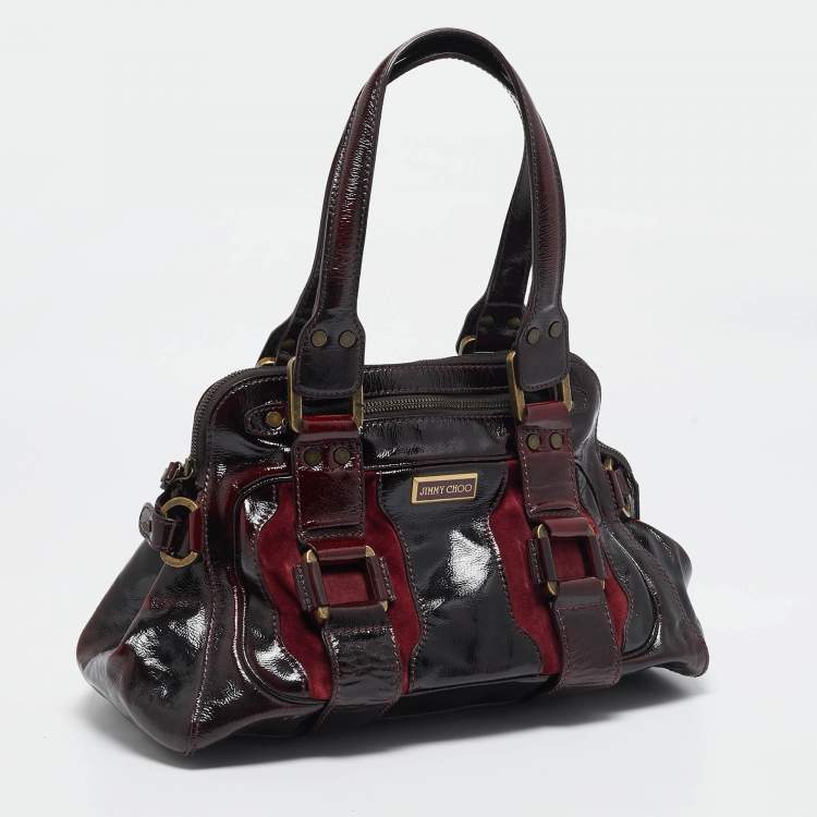 Pre Owned Jimmy Choo Burgundy Patent Leather and Suede Malena Satchel