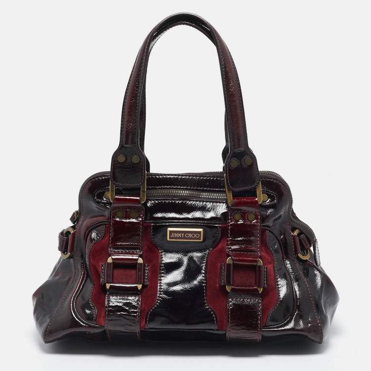 Pre Owned Jimmy Choo Burgundy Patent Leather and Suede Malena Satchel