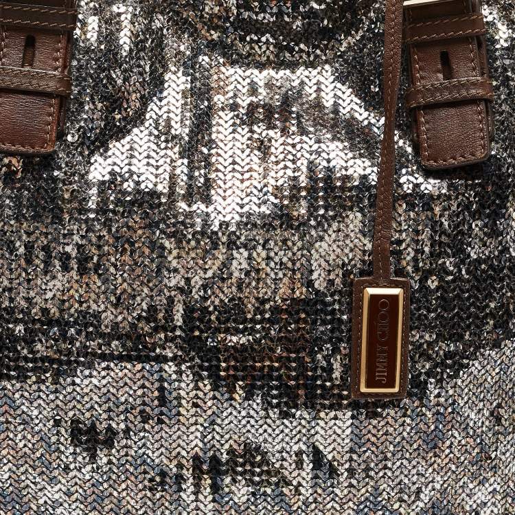 Pre Owned Jimmy Choo Brown/Metallic Python Print Sequins and Leather Bea Tote