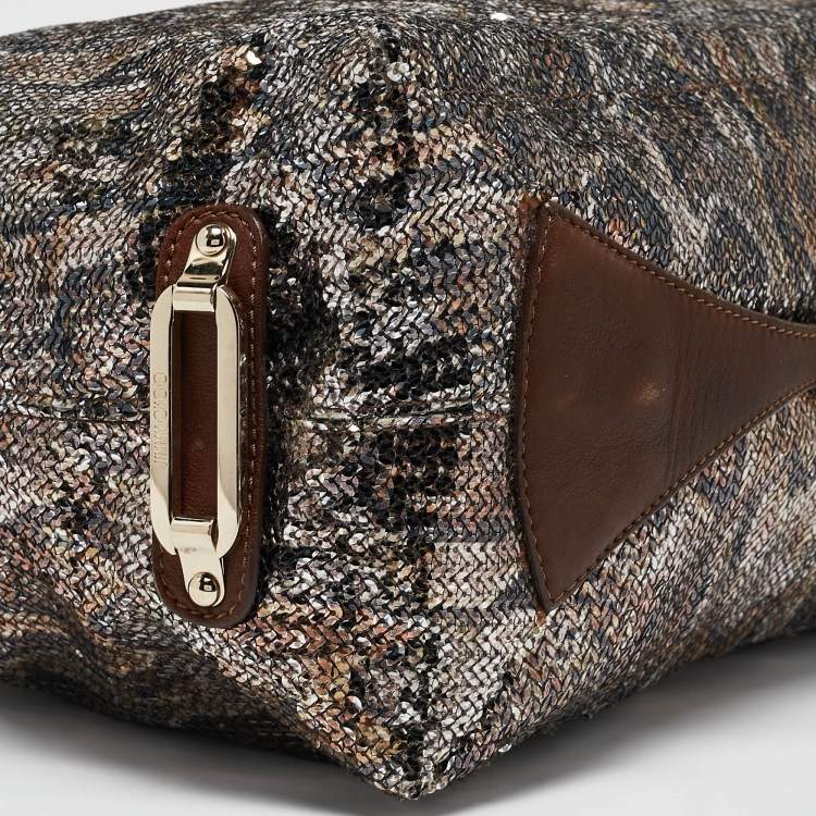 Pre Owned Jimmy Choo Brown/Metallic Python Print Sequins and Leather Bea Tote