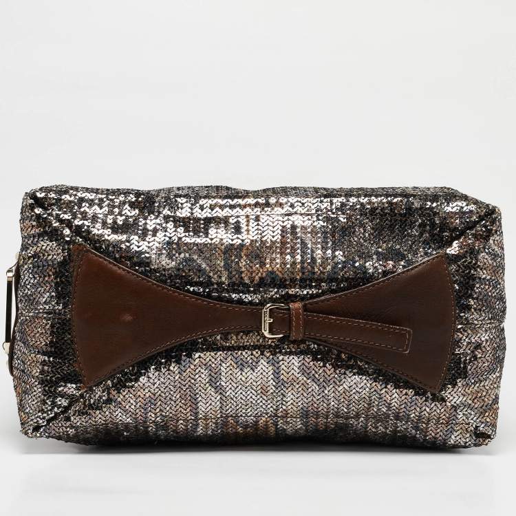 Pre Owned Jimmy Choo Brown/Metallic Python Print Sequins and Leather Bea Tote