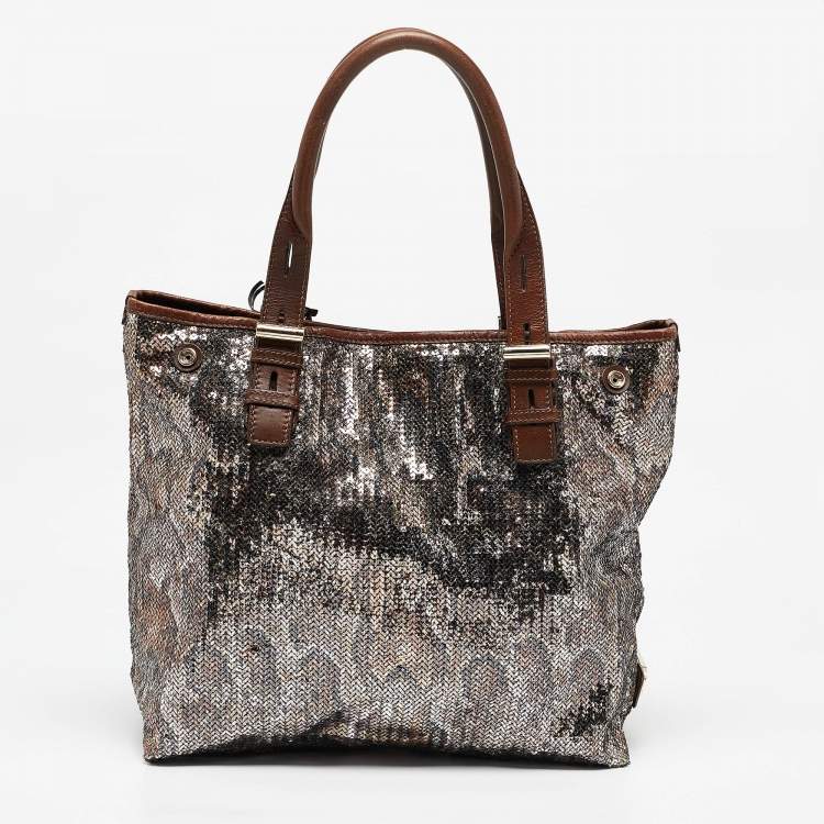 Pre Owned Jimmy Choo Brown/Metallic Python Print Sequins and Leather Bea Tote