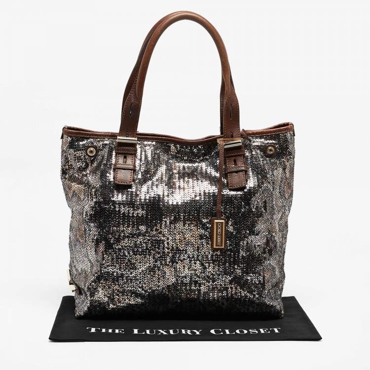 Pre Owned Jimmy Choo Brown/Metallic Python Print Sequins and Leather Bea Tote