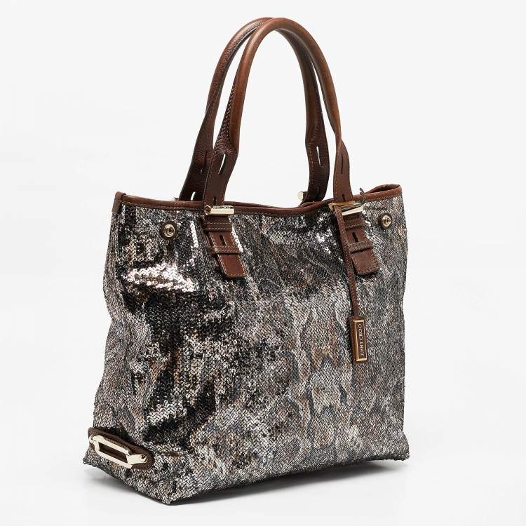 Pre Owned Jimmy Choo Brown/Metallic Python Print Sequins and Leather Bea Tote