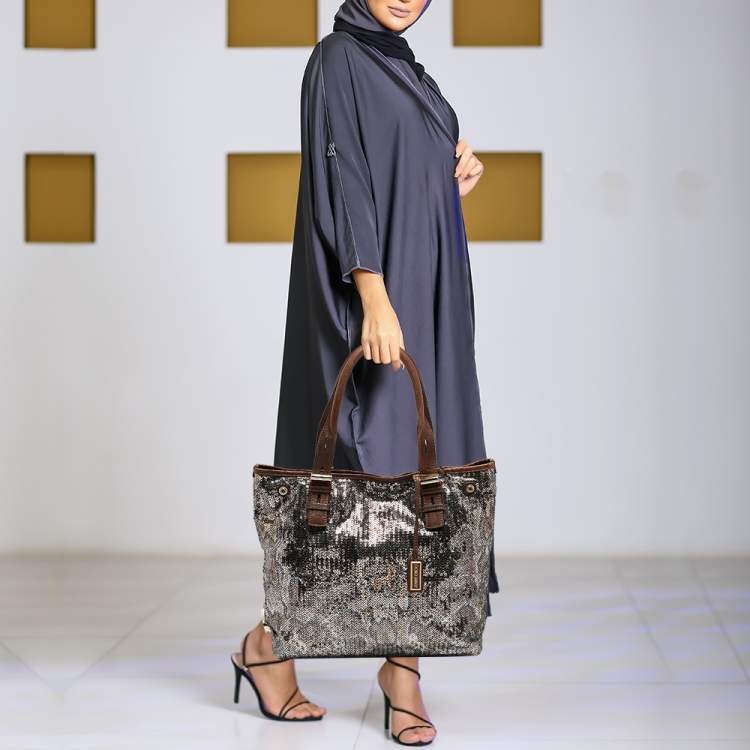 Pre Owned Jimmy Choo Brown/Metallic Python Print Sequins and Leather Bea Tote