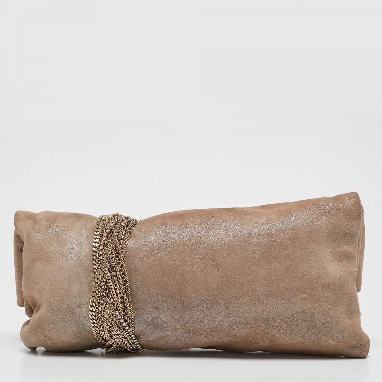 Pre Owned Jimmy Choo Beige Shimmering Suede Chandra Clutch